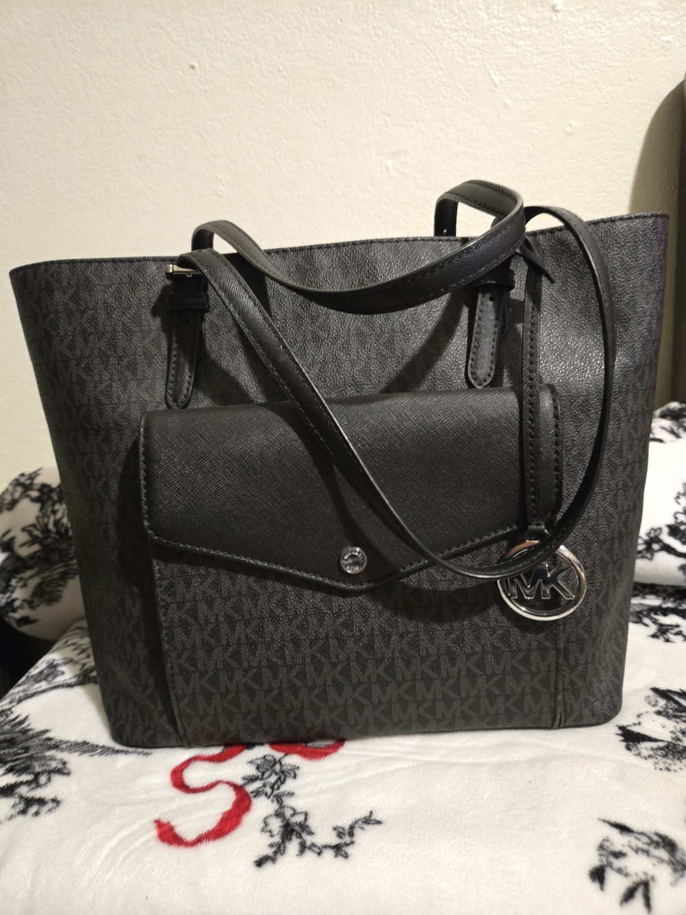 Michael Kors Black Signature Tote Bag with Front Pocket